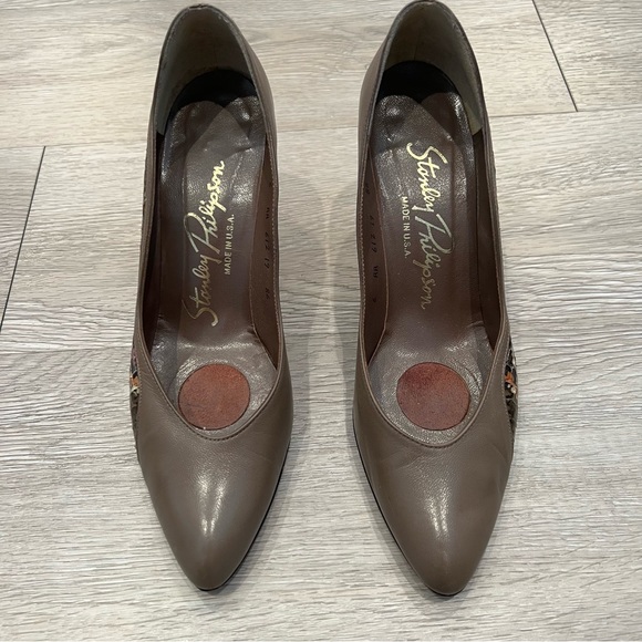 STANLEY PHILIPSON Heels Pumps Leather Snakeskin Taupe WavySide Detail 6AAVintage - Picture 3 of 12